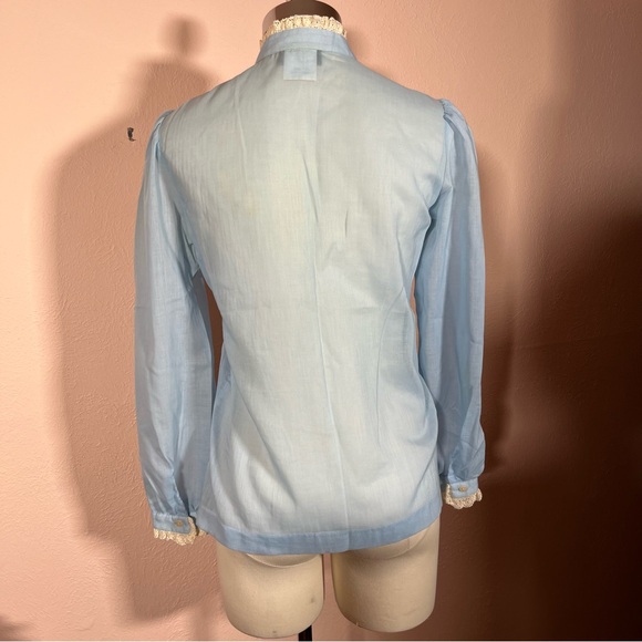 Vintage 60 70 MCM MOD Victorian Blue Lace High Collar Puff Sleeve Tuxedo Blouse - Picture 5 of 16